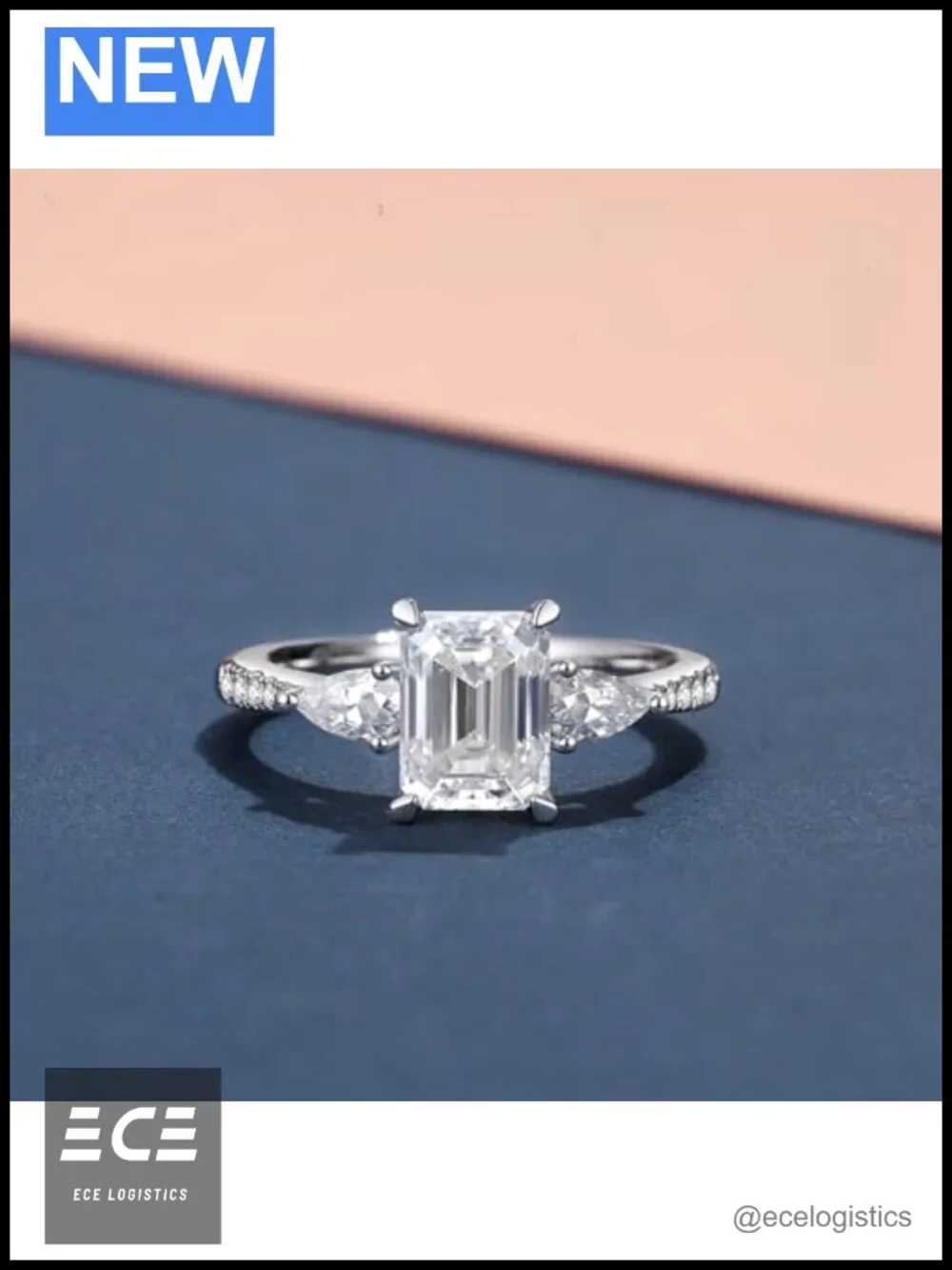 Emerald Cut Moissanite Engagement Ring 925 Sterling Silver 18K White Gold Plated